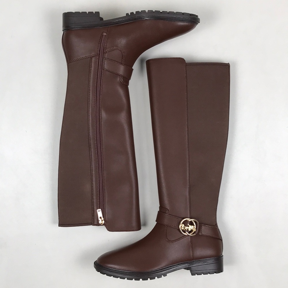 COACH Farrah Brown Leather Tall Riding Boots Logo Buckle NEW NWOB - Picture 5 of 15